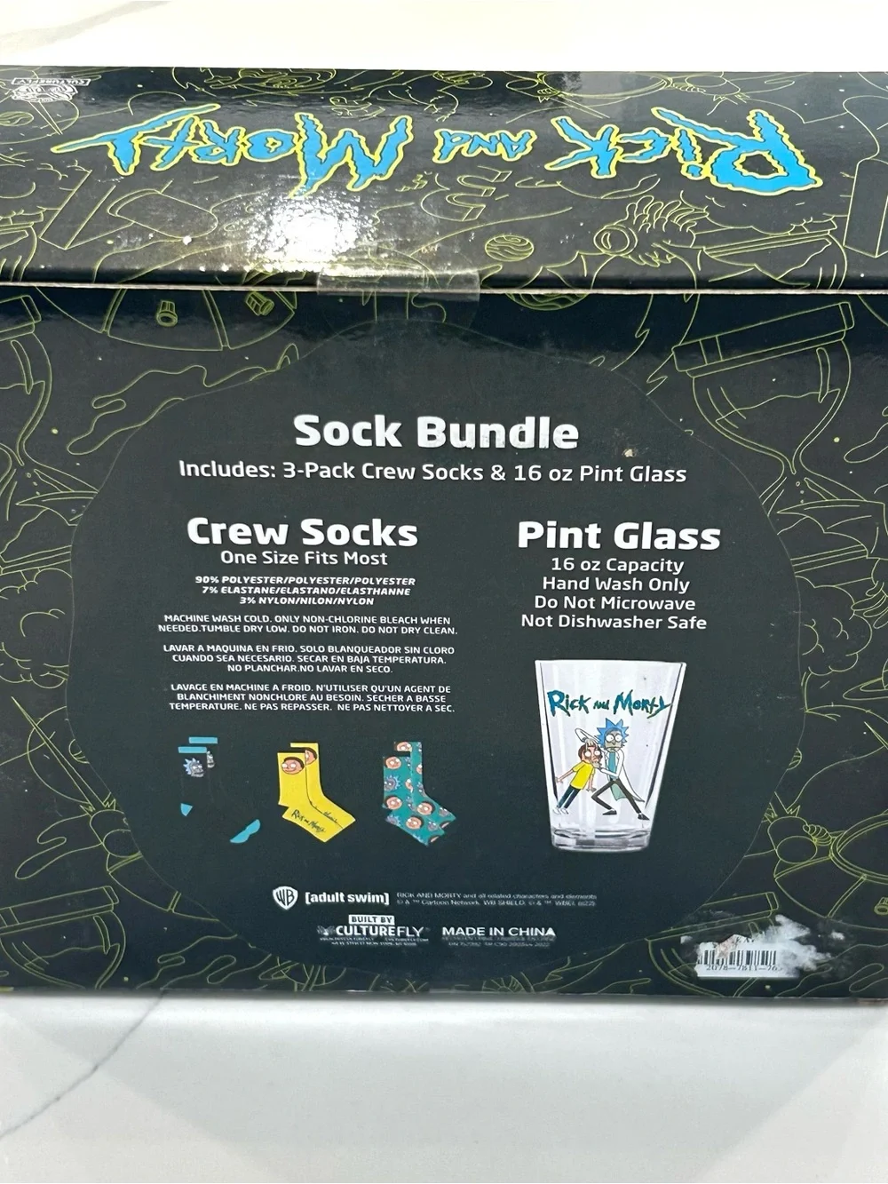 Rick and Morty Pint Glass and 3 Sock Bundle Culturefly New